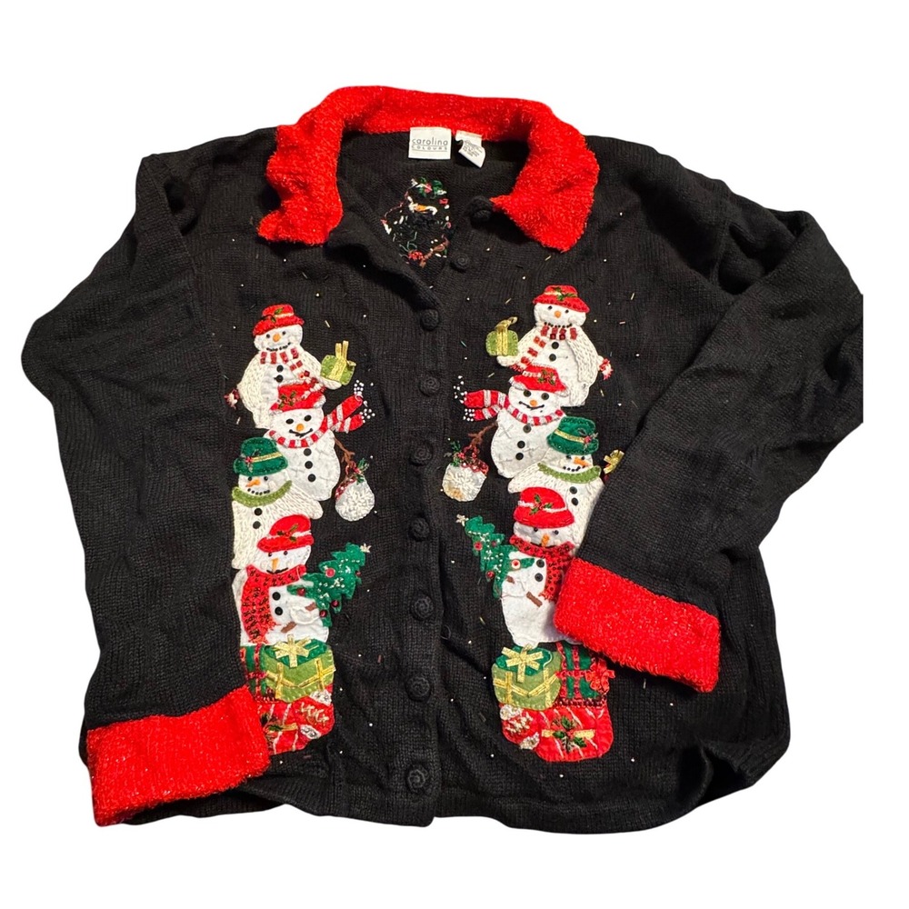 Carolina Colours Womens Ugly Christmas Sweater Snowman Embellished Red Trim M
